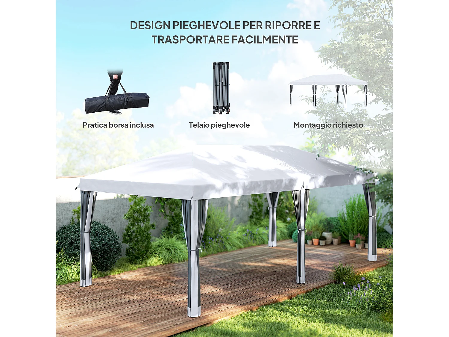 Gazebo da giardino 6x3 m pieghevole con zanzariera e borsa crema