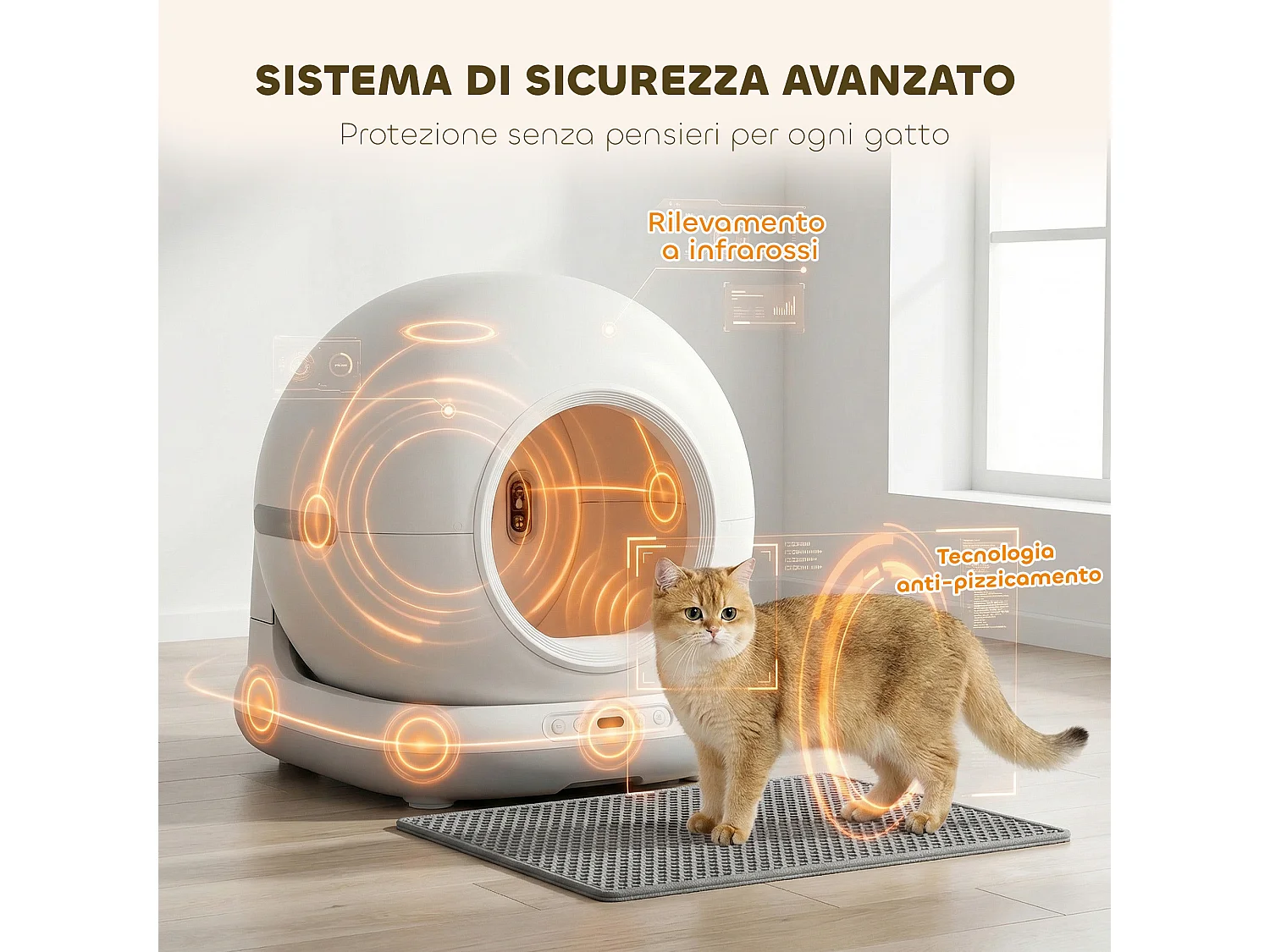 Lettiera autopulente con telecamera hd, contenitore 7l e sensori