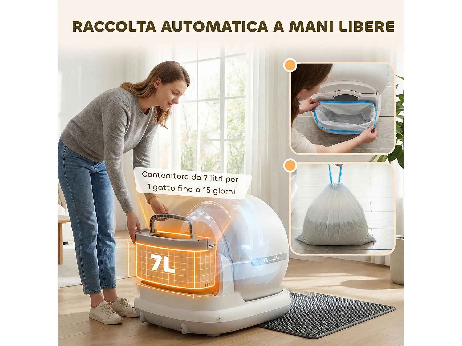 Lettiera autopulente con telecamera hd, contenitore 7l e sensori