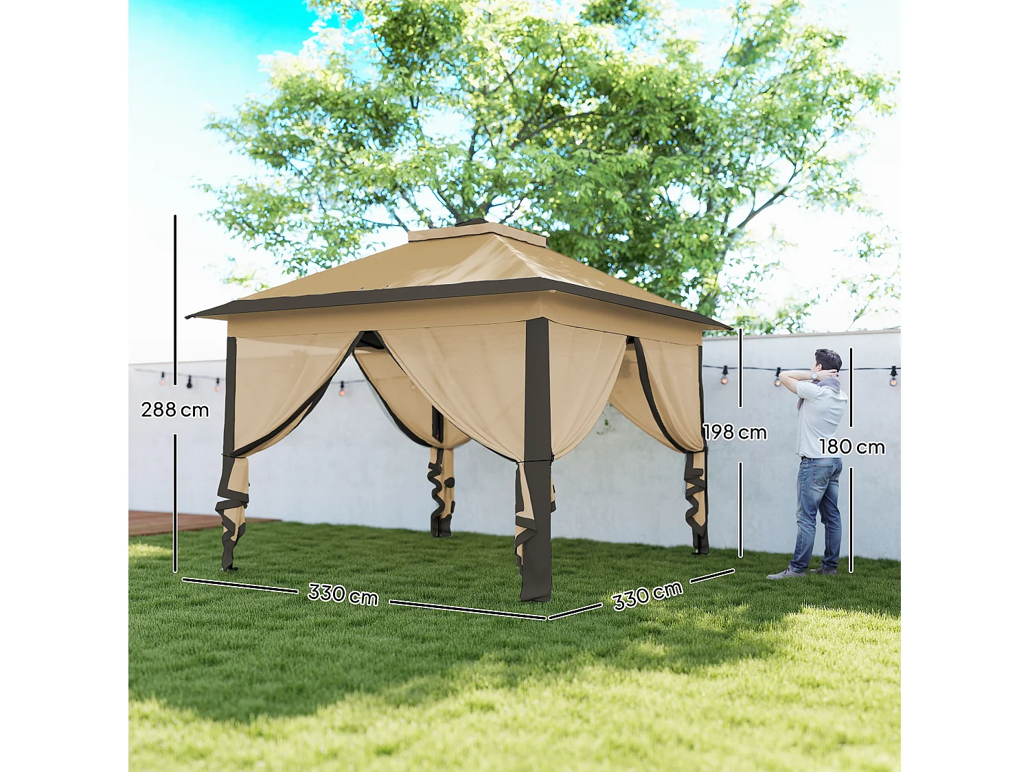 Gazebo pieghevole con zanzariera 330x330x288cm beige