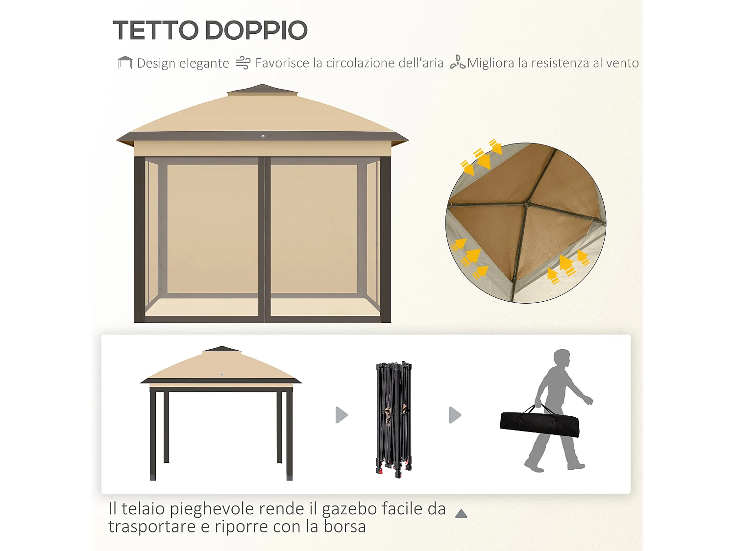 Gazebo pieghevole con zanzariera 330x330x288cm beige