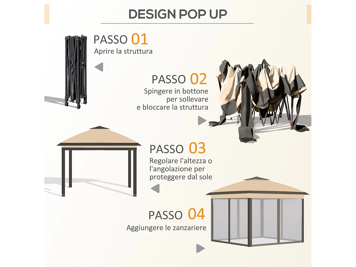 Gazebo pieghevole con zanzariera 330x330x288cm beige