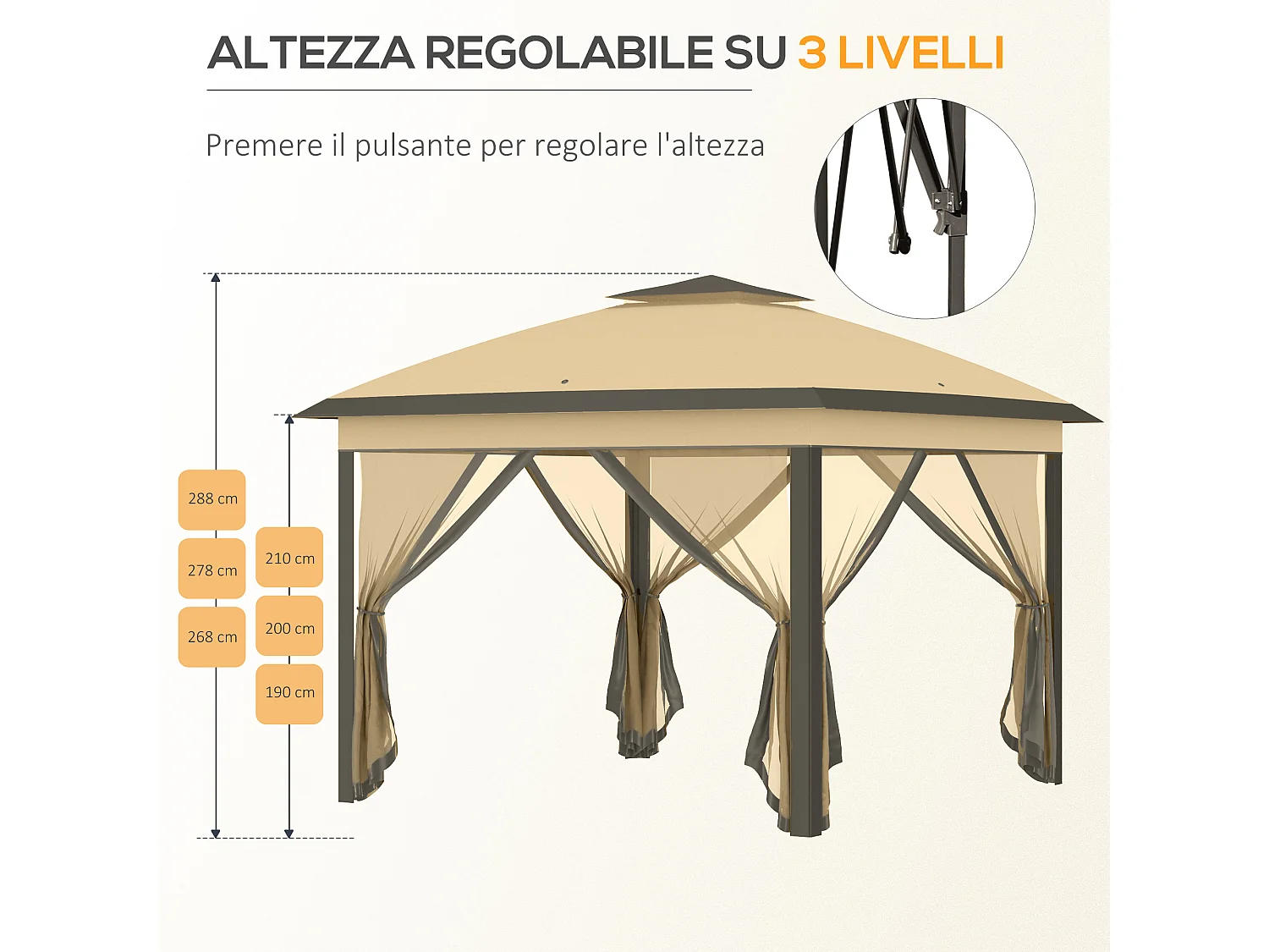 Gazebo pieghevole con zanzariera 330x330x288cm beige