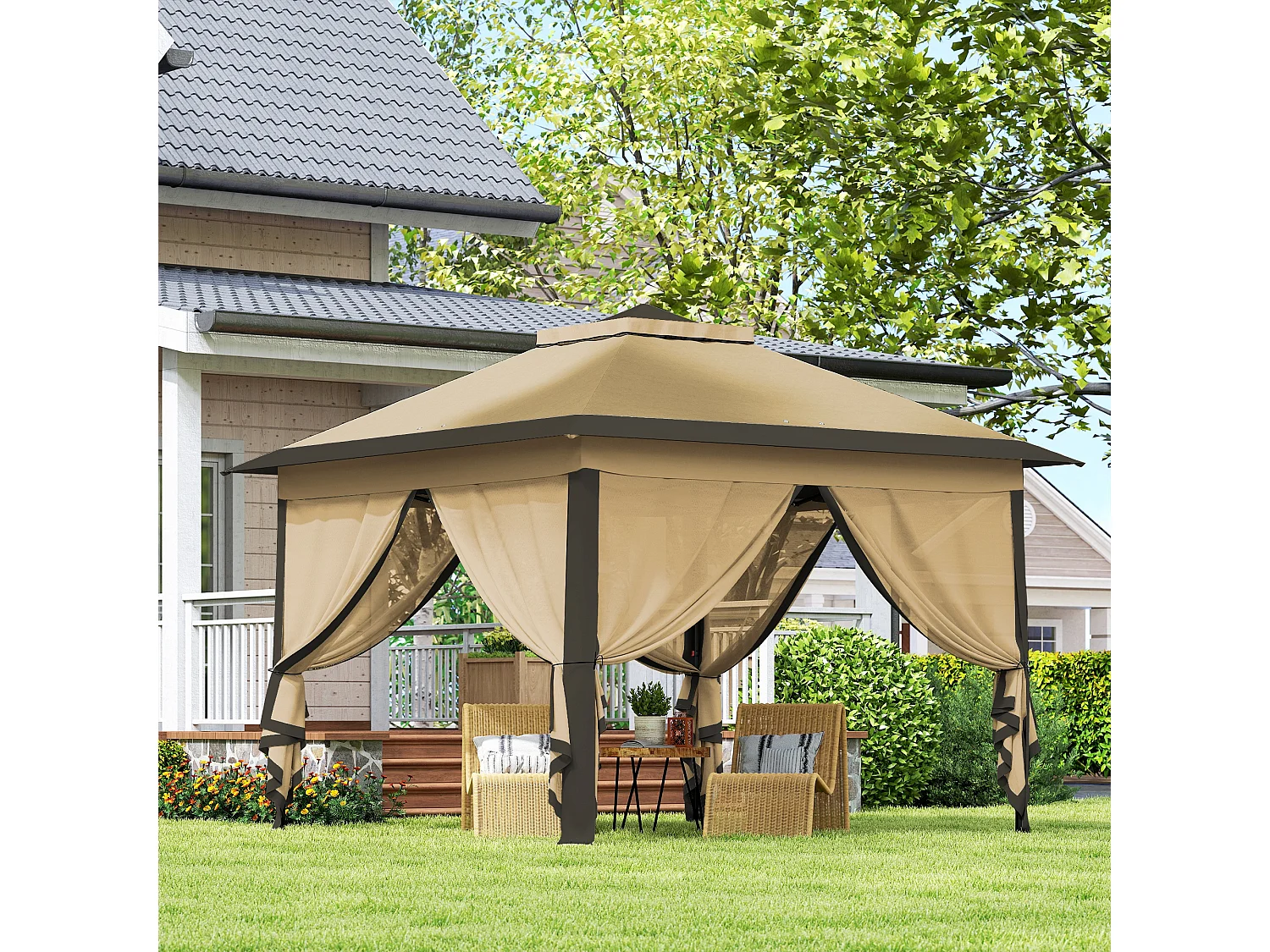 Gazebo pieghevole con zanzariera 330x330x288cm beige