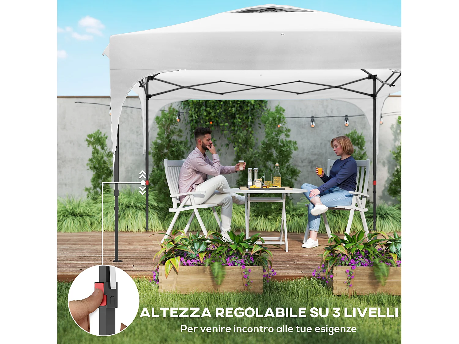Gazebo da giardino 3x3 m pieghevole e regolabile su 3 livelli bianco