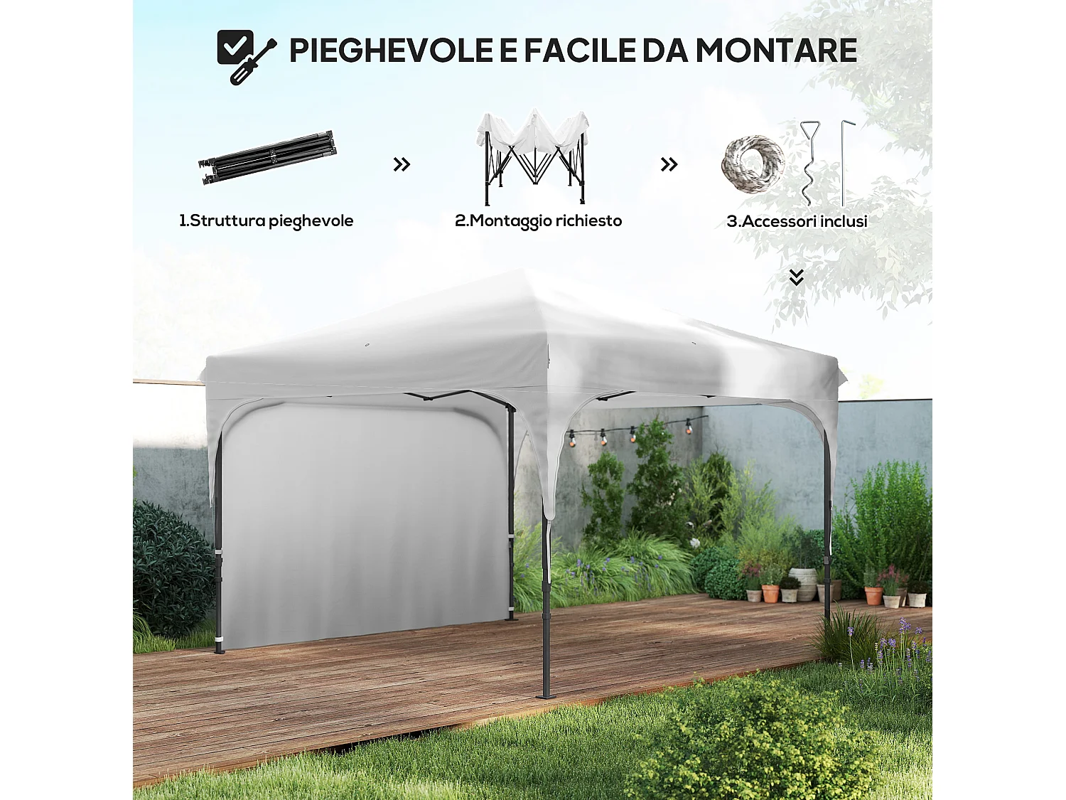 Gazebo da giardino 3x3 m pieghevole e regolabile su 3 livelli bianco