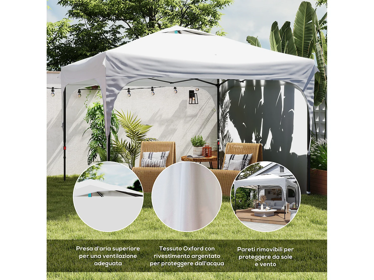 Gazebo da giardino 3x3 m pieghevole e regolabile su 3 livelli bianco