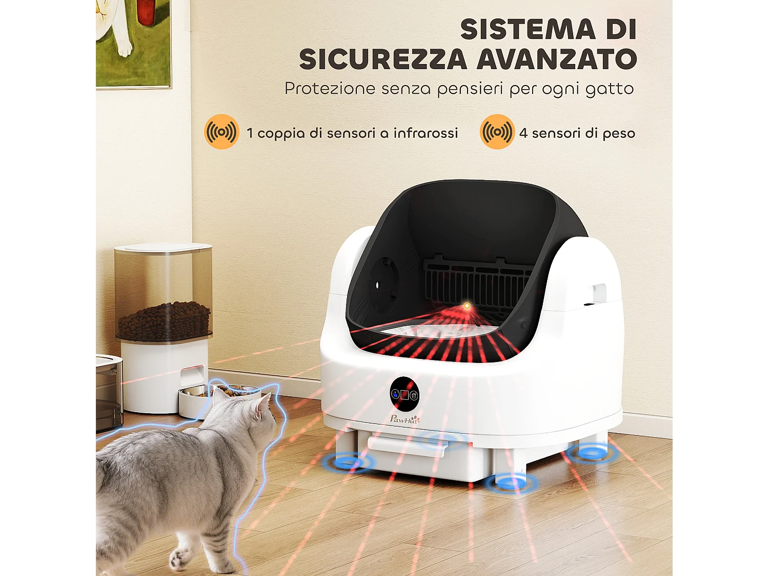 Lettiera autopulente per gatti con sensori di sicurezza bianco