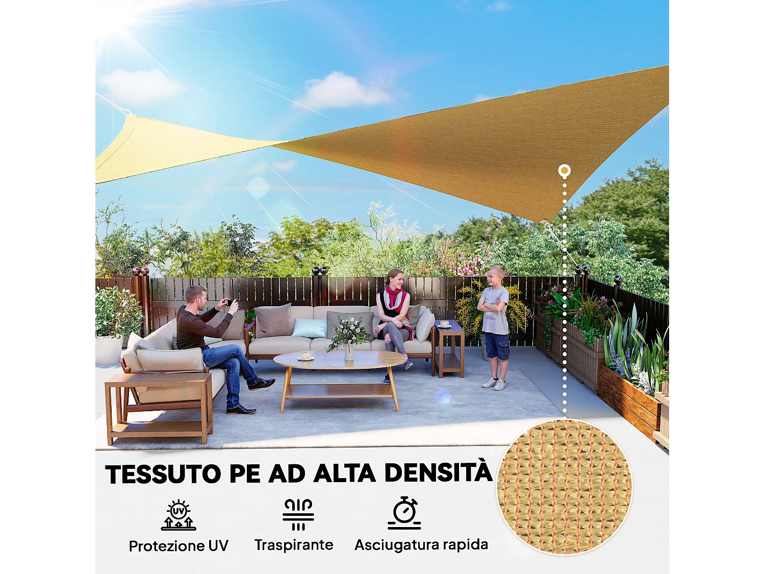 Tenda da sole a vela ombreggiante in pe anti-uv 4x6m gialla