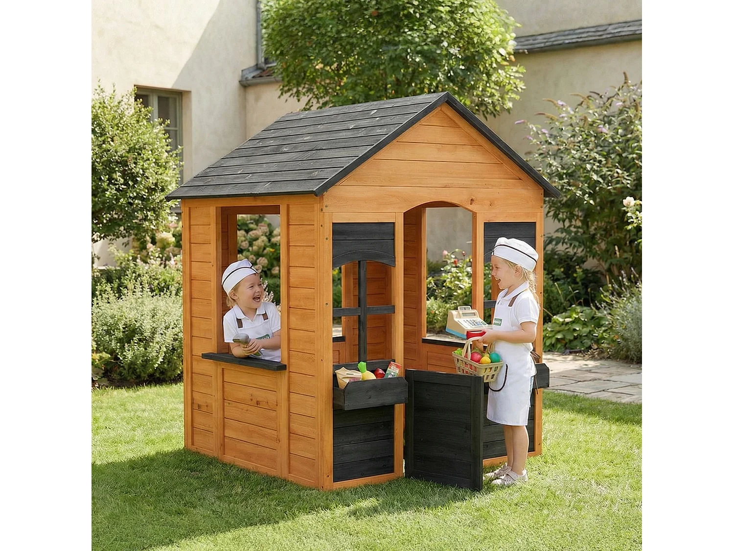 Casetta da giardino per bambini con porta in legno marrone chiaro