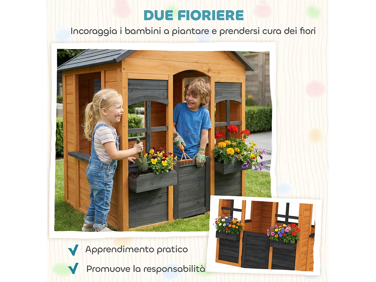 Casetta da giardino per bambini con porta in legno marrone chiaro