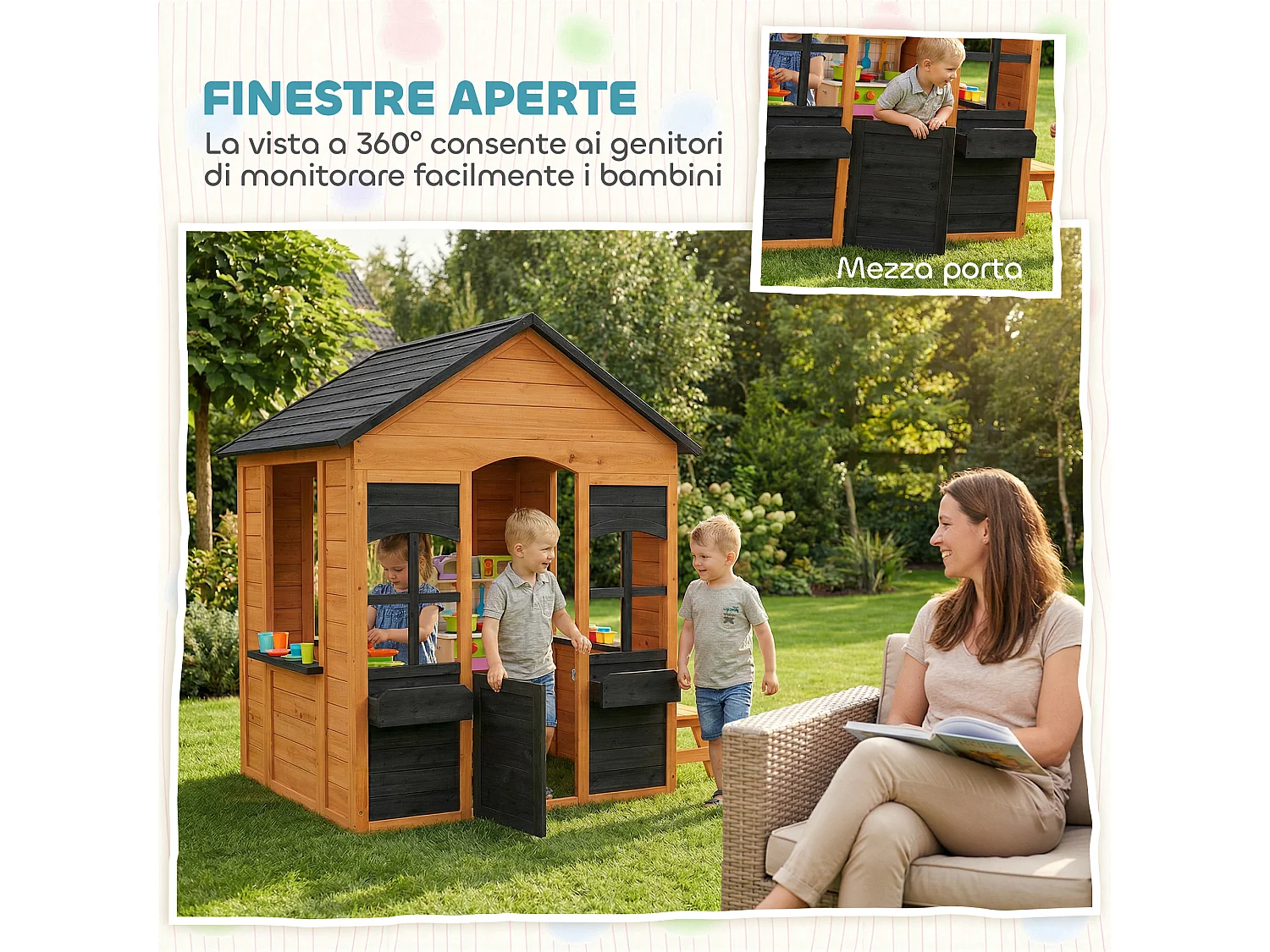 Casetta da giardino per bambini con porta in legno marrone chiaro