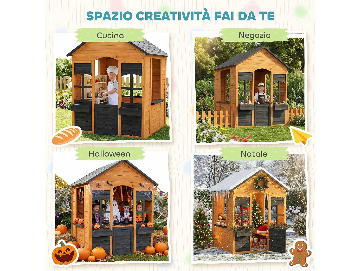 Casetta da giardino per bambini con porta in legno marrone chiaro