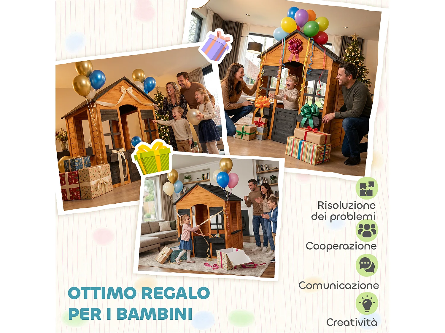 Casetta da giardino per bambini con porta in legno marrone chiaro