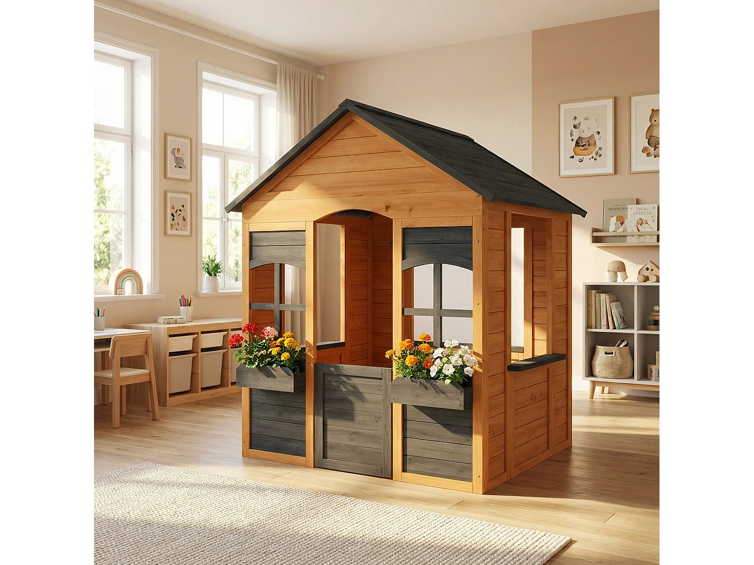 Casetta da giardino per bambini con porta in legno marrone chiaro
