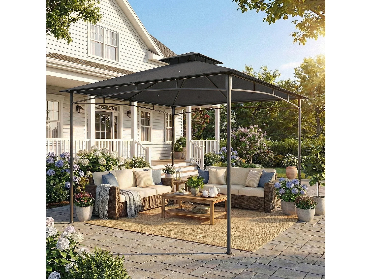 Gazebo da giardino con doppio tetto in metallo grigio scuro