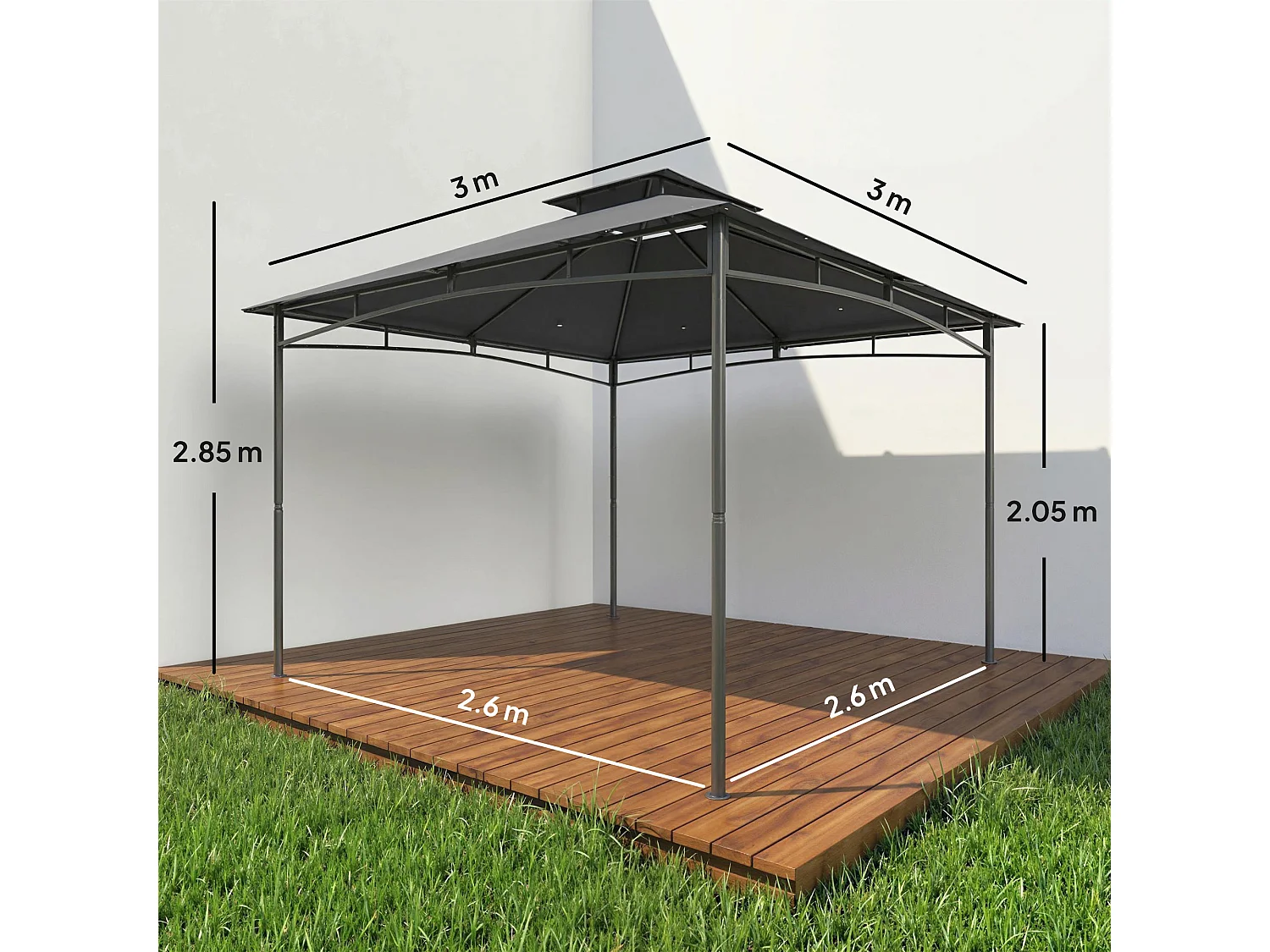 Gazebo da giardino con doppio tetto in metallo grigio scuro