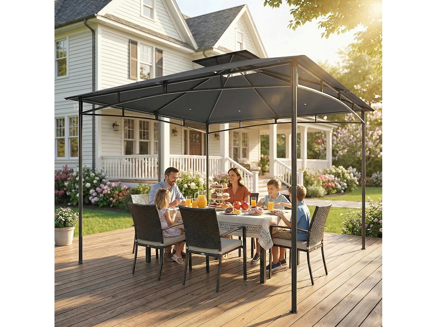 Gazebo da giardino con doppio tetto in metallo grigio scuro