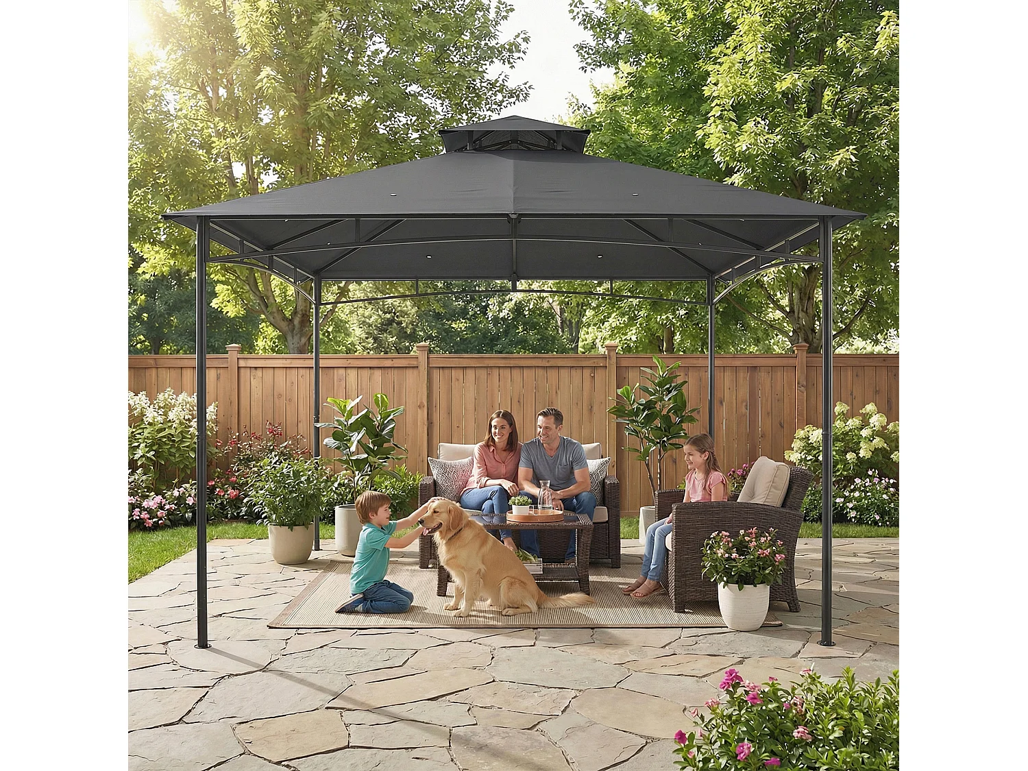 Gazebo da giardino con doppio tetto in metallo grigio scuro