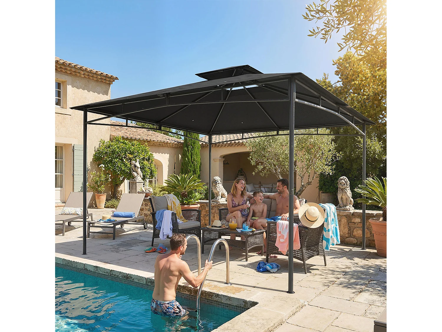 Gazebo da giardino con doppio tetto in metallo grigio scuro