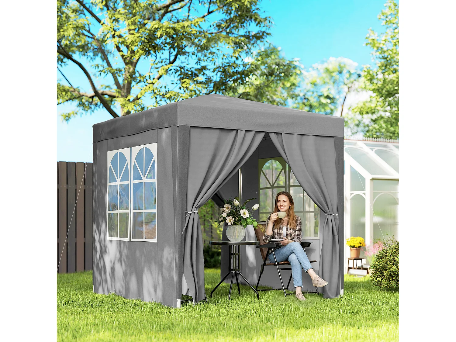 Gazebo pieghevole 2x2 m con 4 pareti rimovibili in metallo grigio