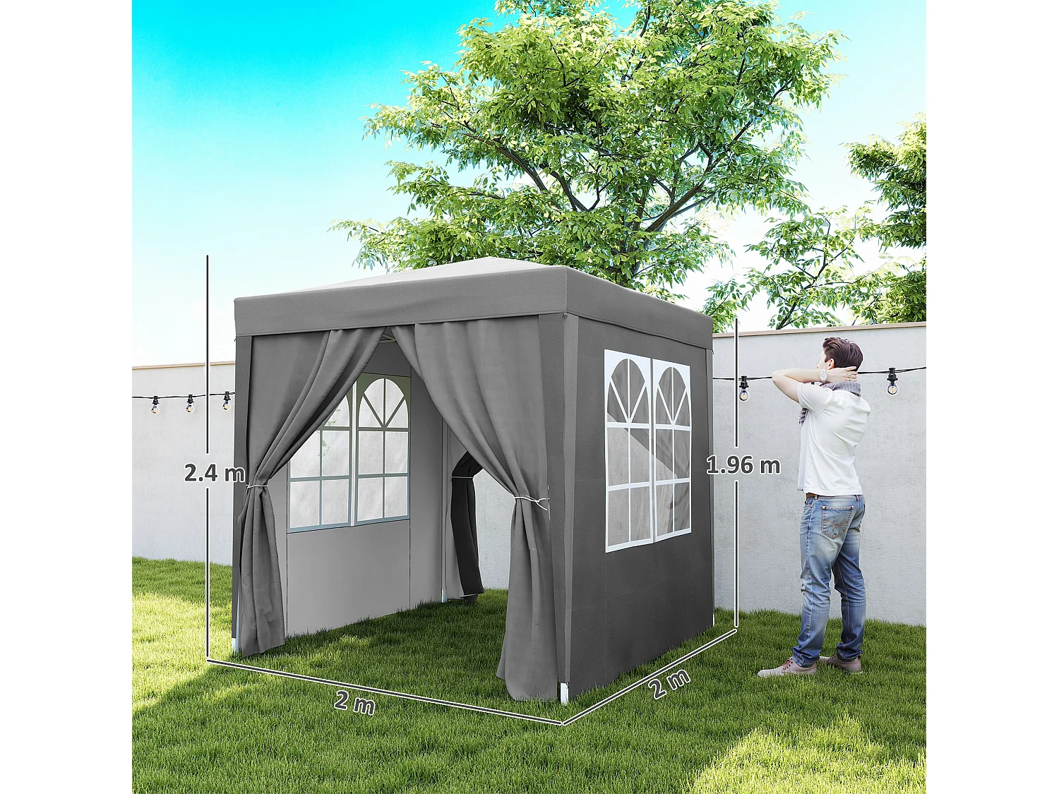 Gazebo pieghevole 2x2 m con 4 pareti rimovibili in metallo grigio