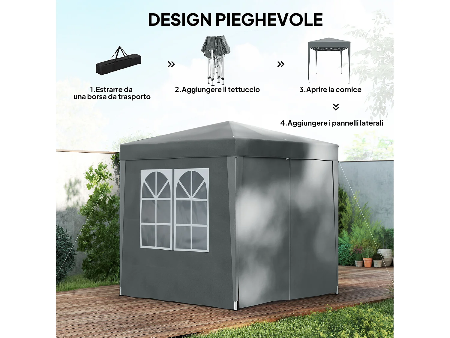 Gazebo pieghevole 2x2 m con 4 pareti rimovibili in metallo grigio