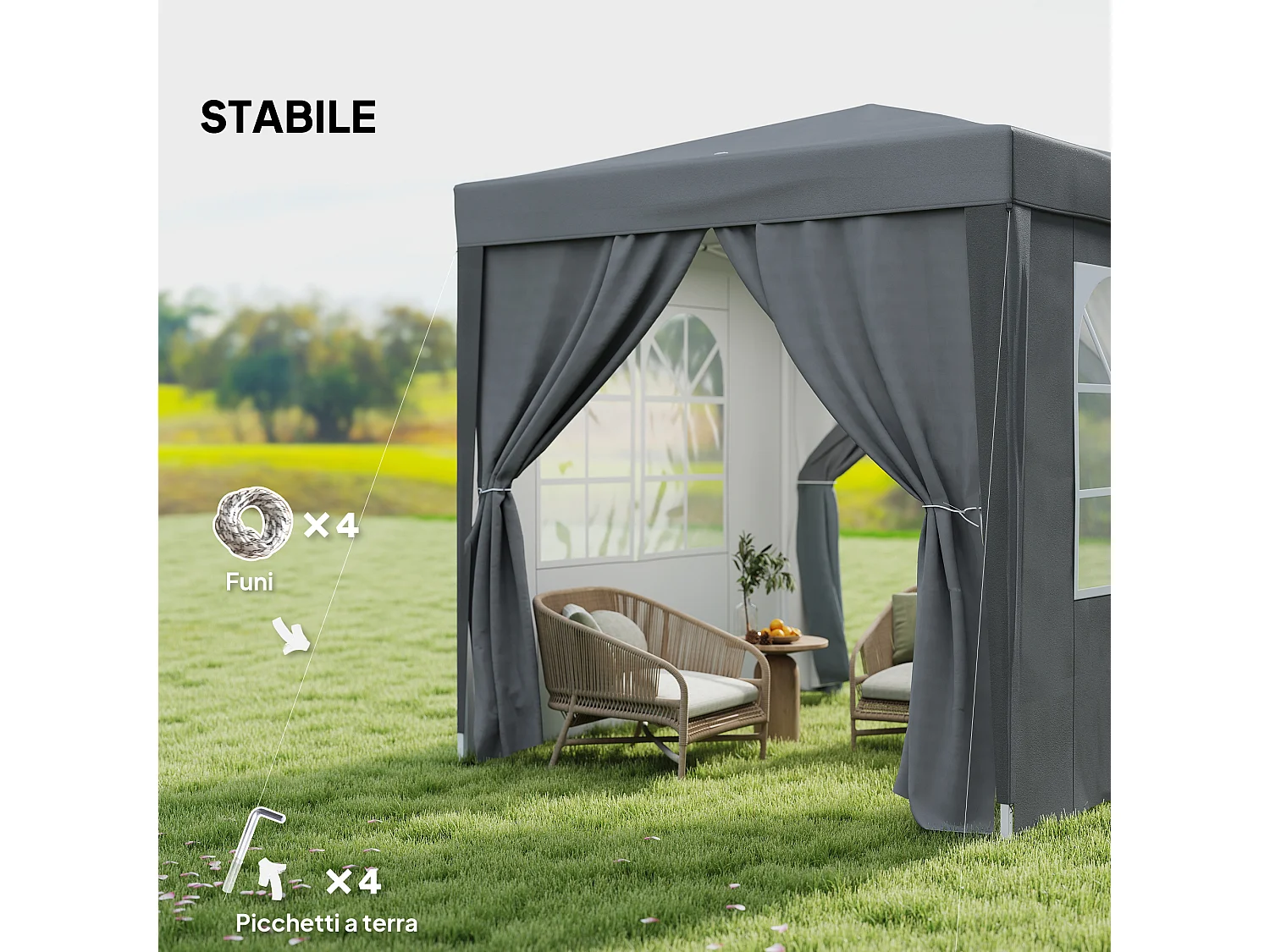 Gazebo pieghevole 2x2 m con 4 pareti rimovibili in metallo grigio