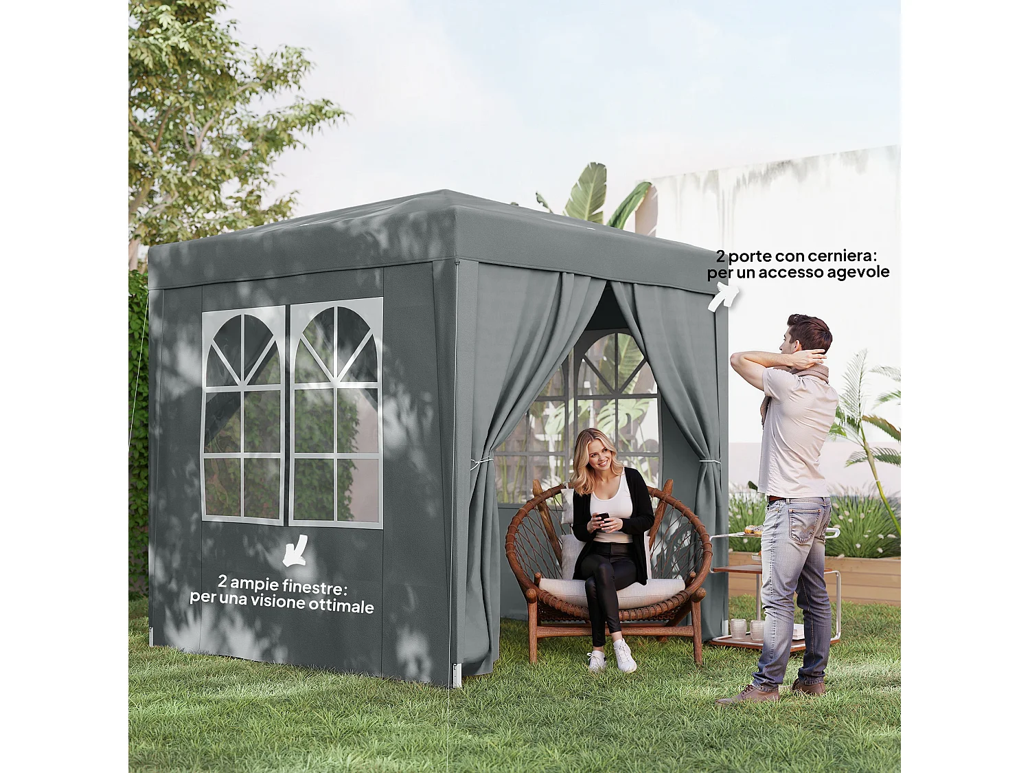 Gazebo pieghevole 2x2 m con 4 pareti rimovibili in metallo grigio