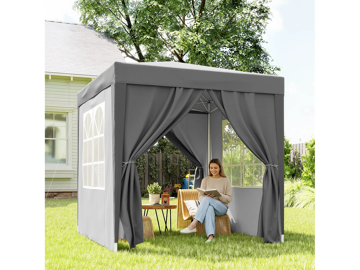 Gazebo pieghevole 2x2 m con 4 pareti rimovibili in metallo grigio