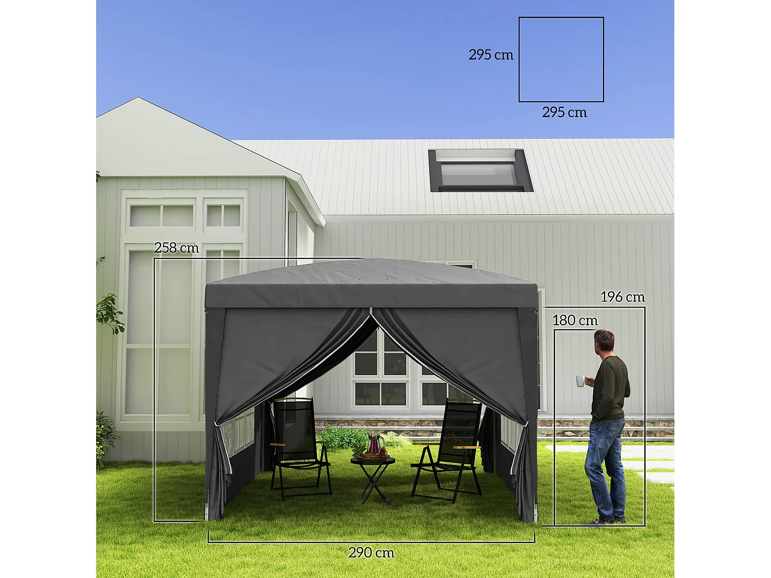 Gazebo da esterno 3x3 m pieghevole con 4 pannelli laterali grigio