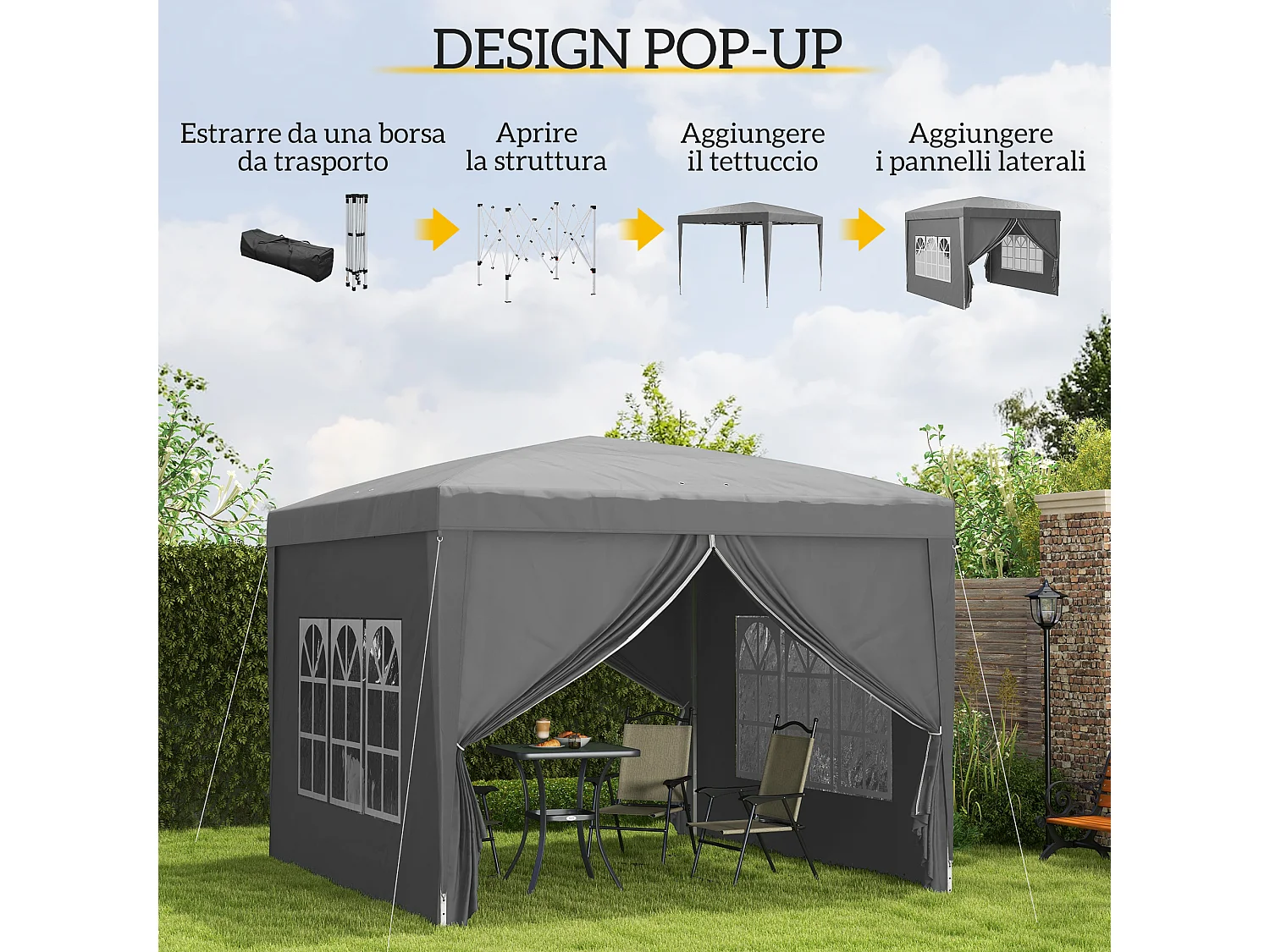 Gazebo da esterno 3x3 m pieghevole con 4 pannelli laterali grigio