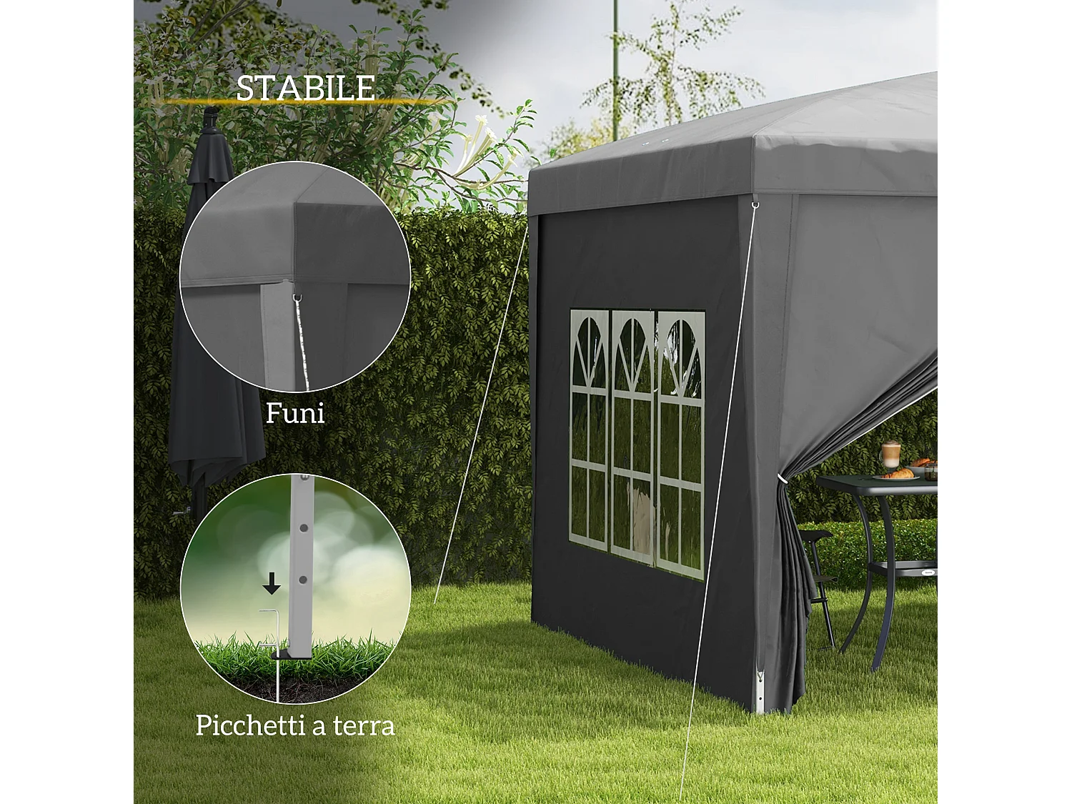 Gazebo da esterno 3x3 m pieghevole con 4 pannelli laterali grigio