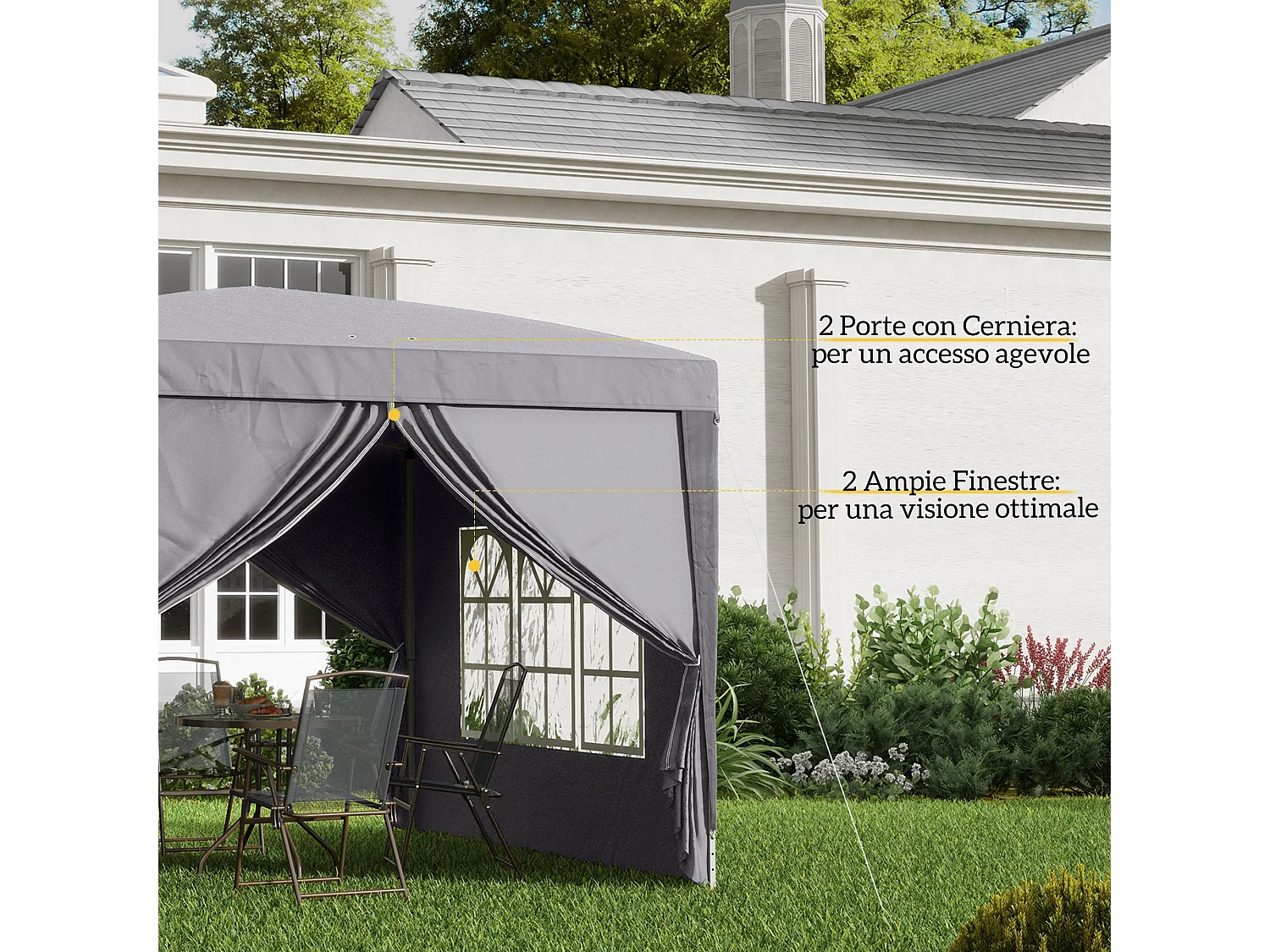 Gazebo da esterno 3x3 m pieghevole con 4 pannelli laterali grigio