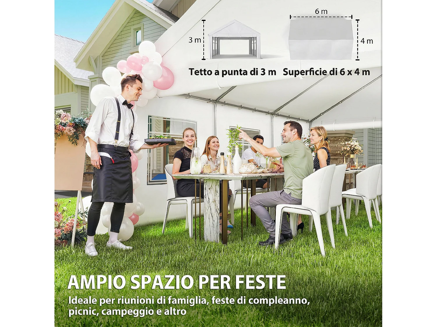 Gazebo da giardino con 6 finestre e 2 ingressi bianco