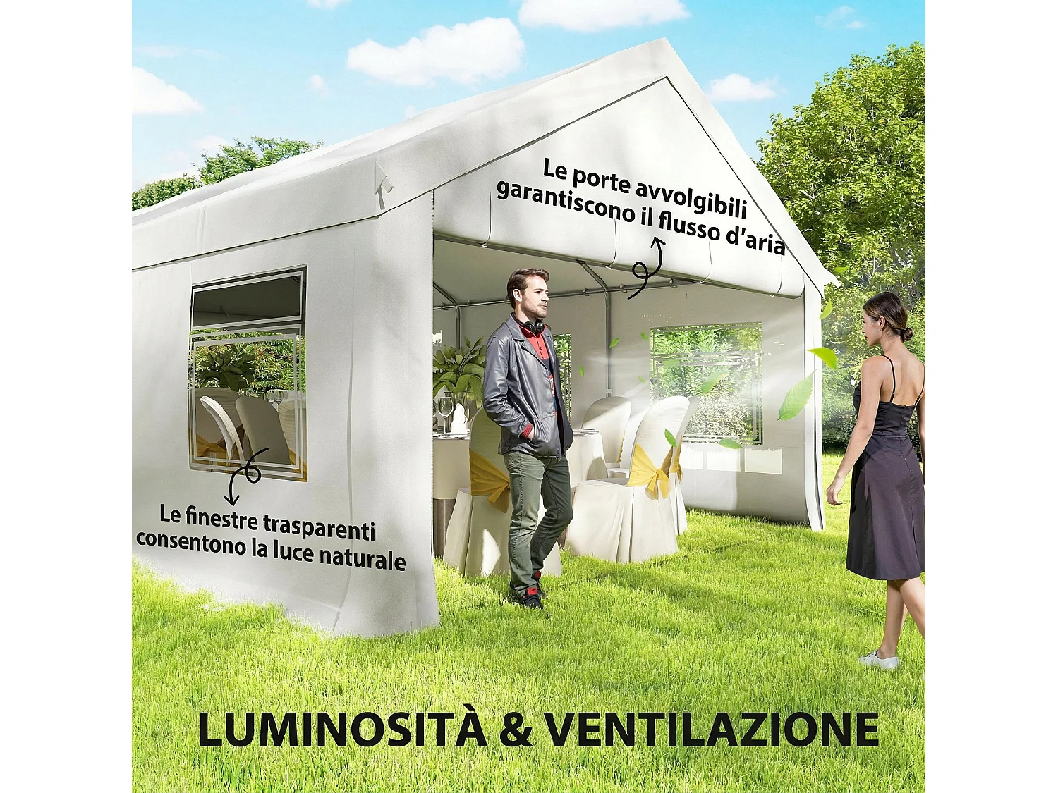 Gazebo da giardino con 6 finestre e 2 ingressi bianco