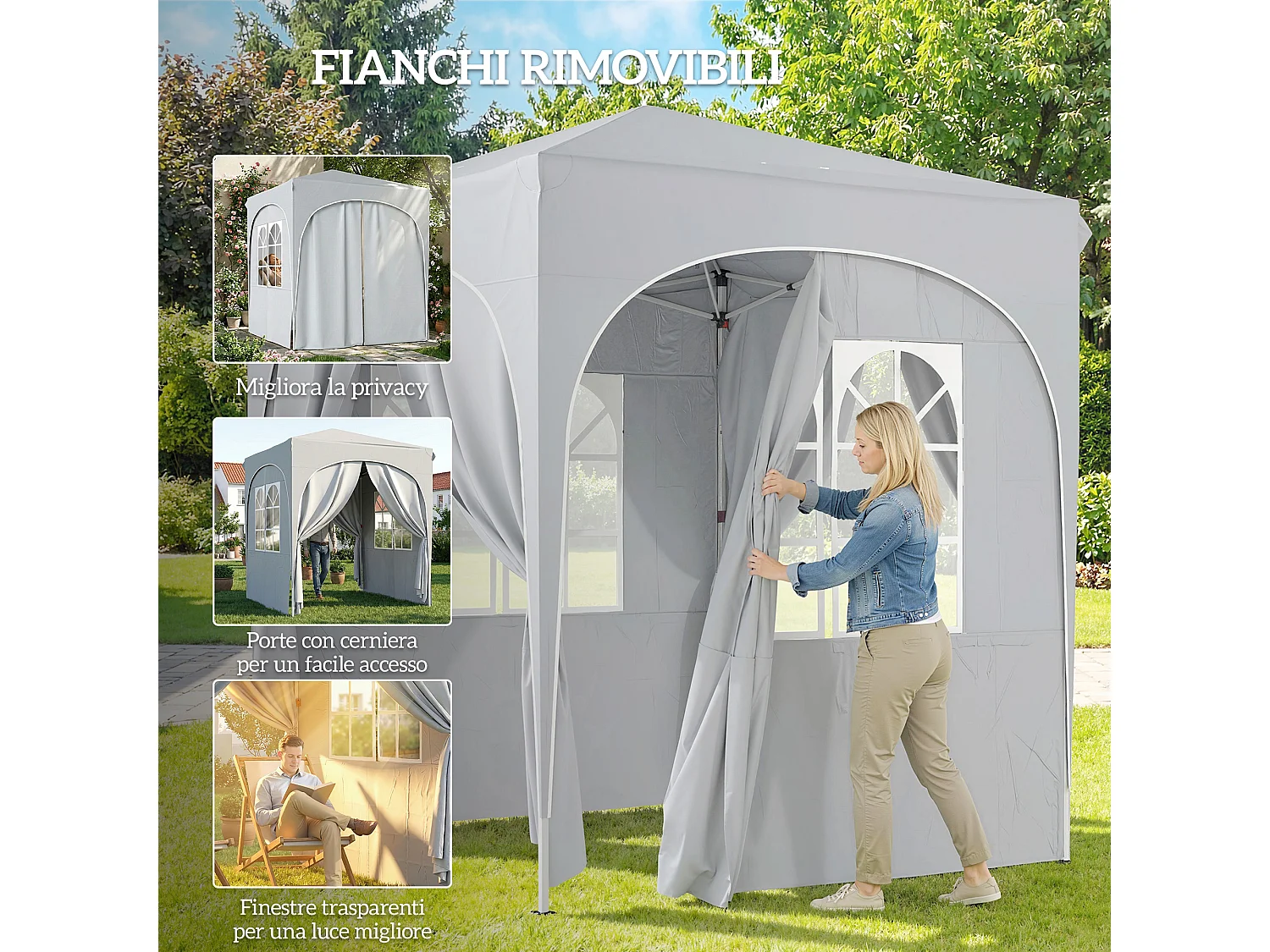 Gazebo pieghevole 2x2 m 4 pareti laterali grigio chiaro