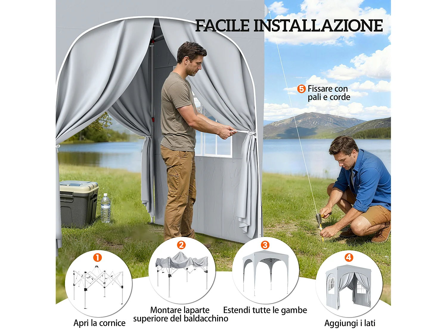 Gazebo pieghevole 2x2 m 4 pareti laterali grigio chiaro