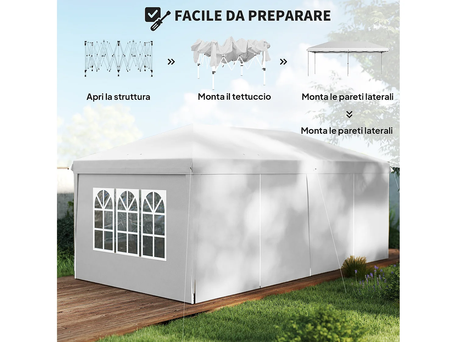 Gazebo da giardino 6x3 m pieghevole con 6 pareti lateriali bianco