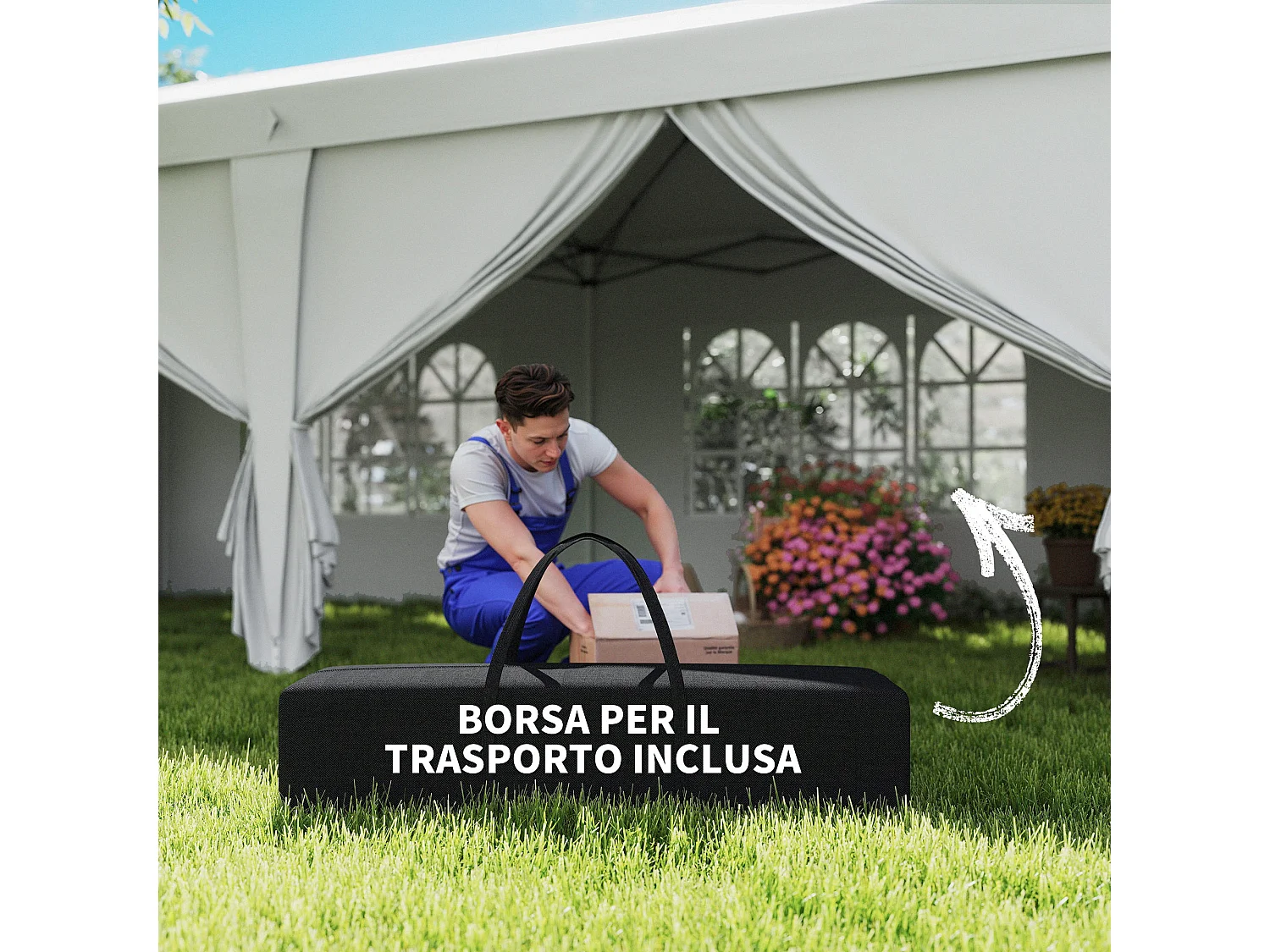 Gazebo da giardino 6x3 m pieghevole con 6 pareti lateriali bianco