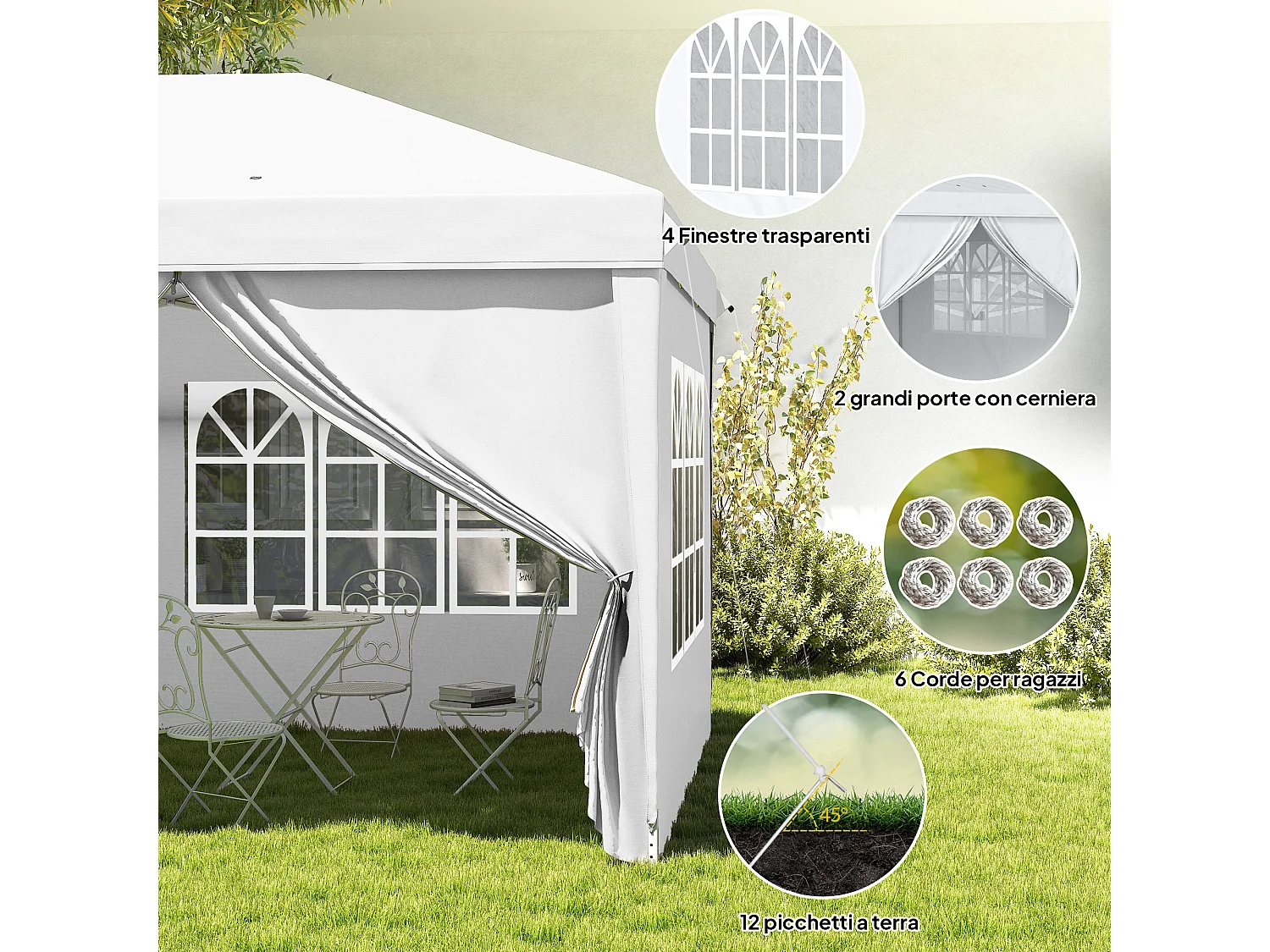 Gazebo da giardino 6x3 m pieghevole con 6 pareti lateriali bianco