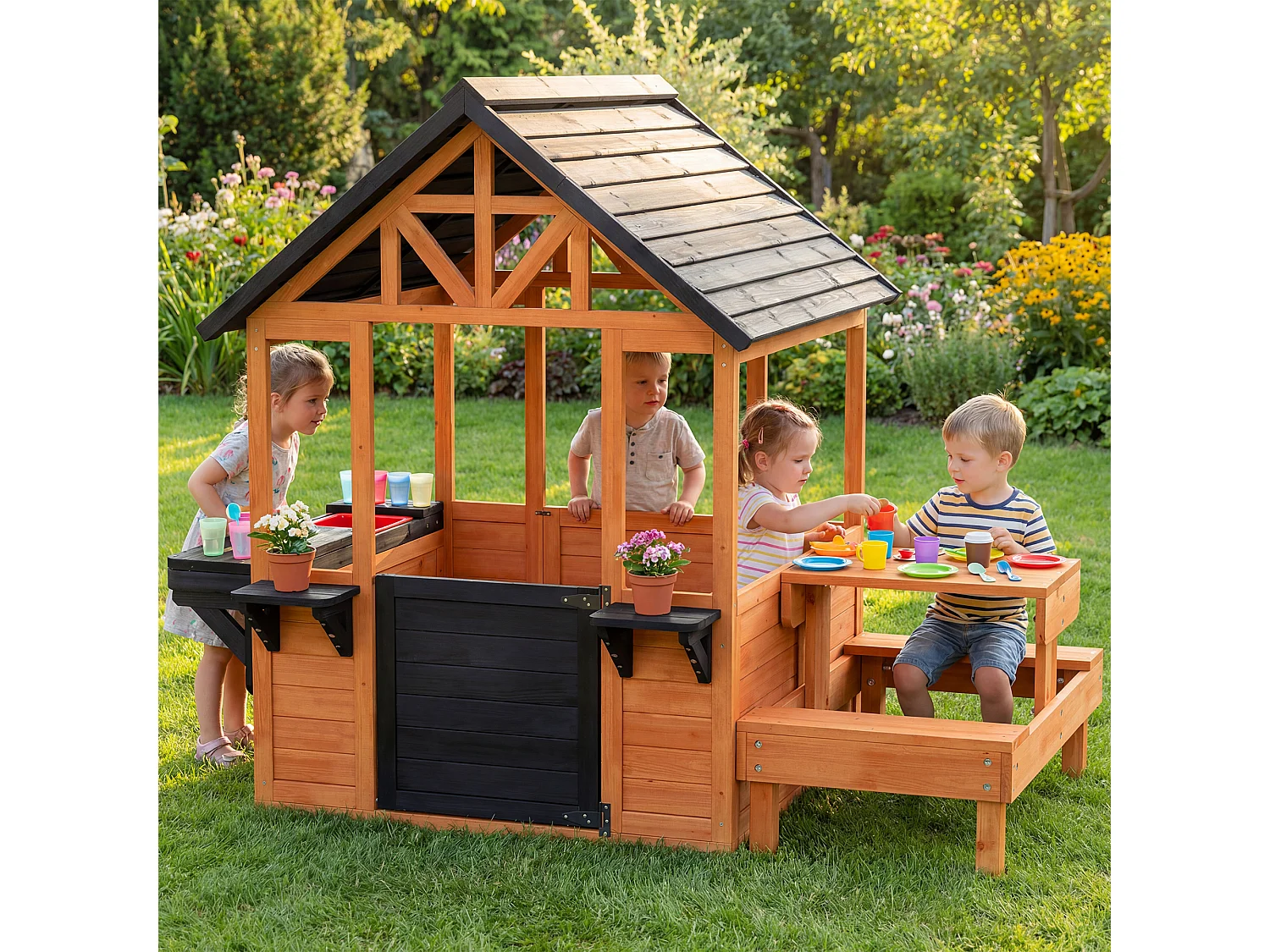 Casetta con tavolo e panche per bambini in legno