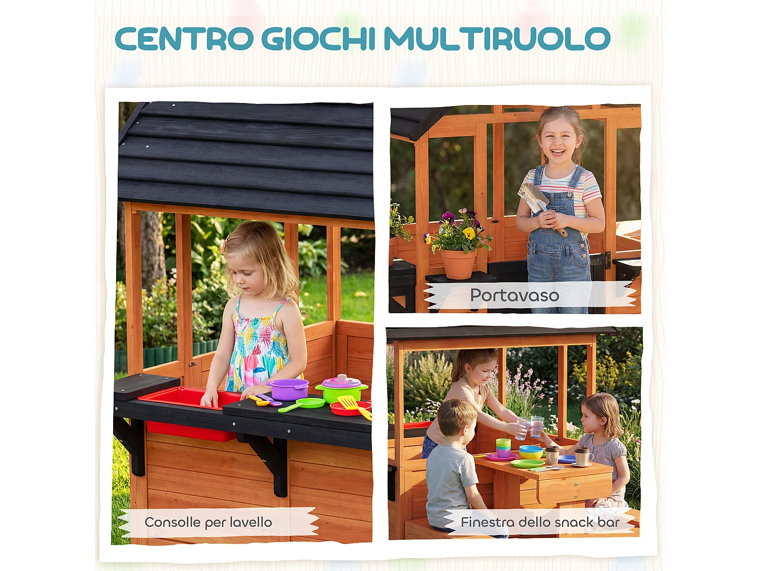 Casetta con tavolo e panche per bambini in legno