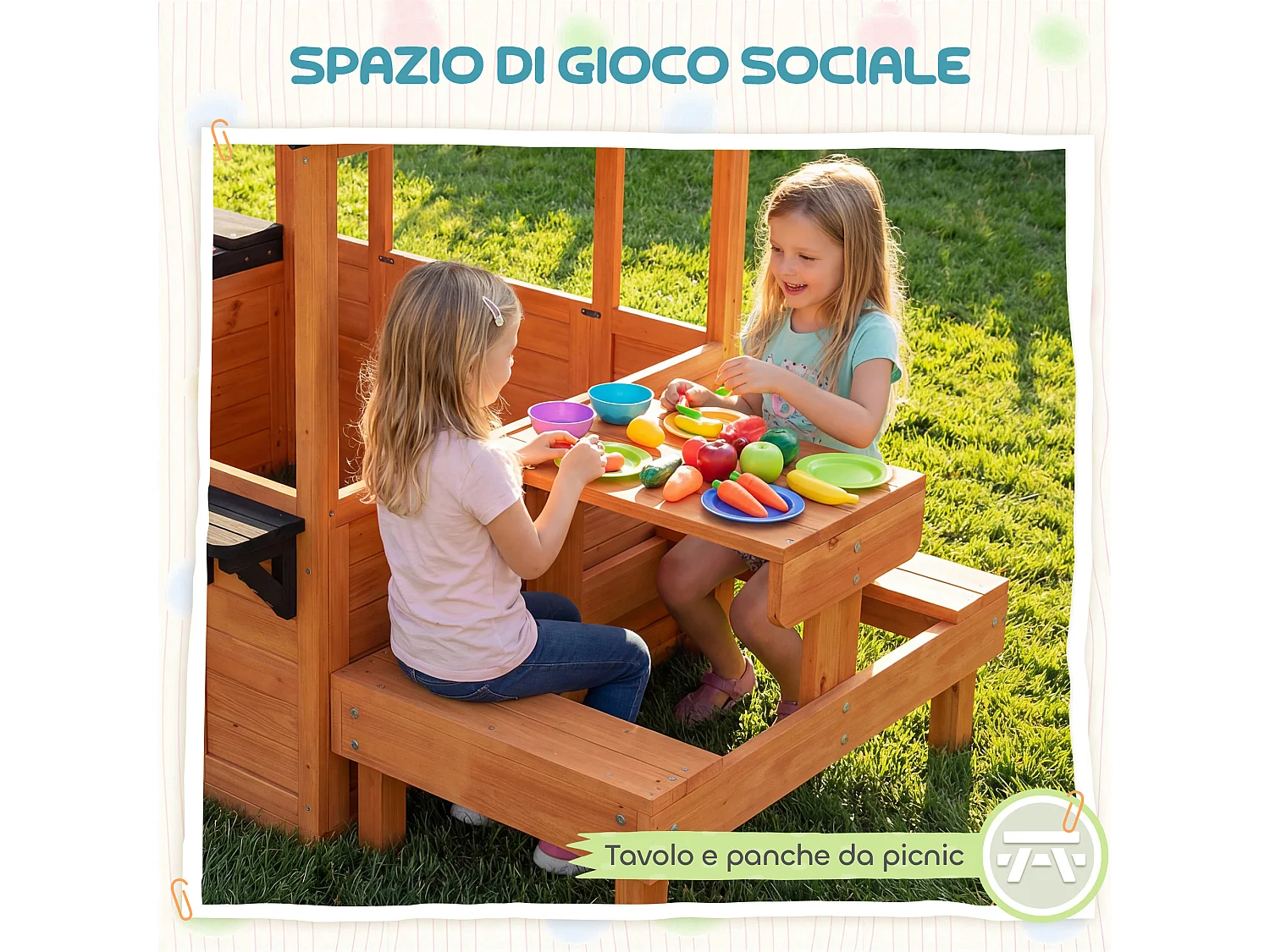 Casetta con tavolo e panche per bambini in legno