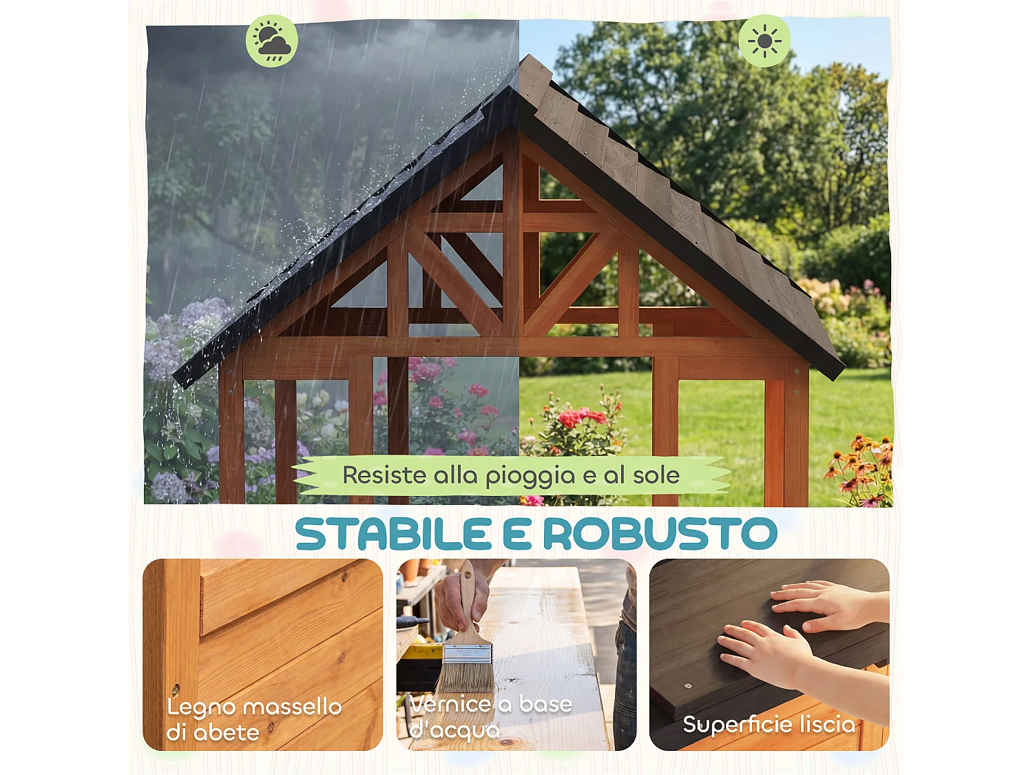 Casetta con tavolo e panche per bambini in legno