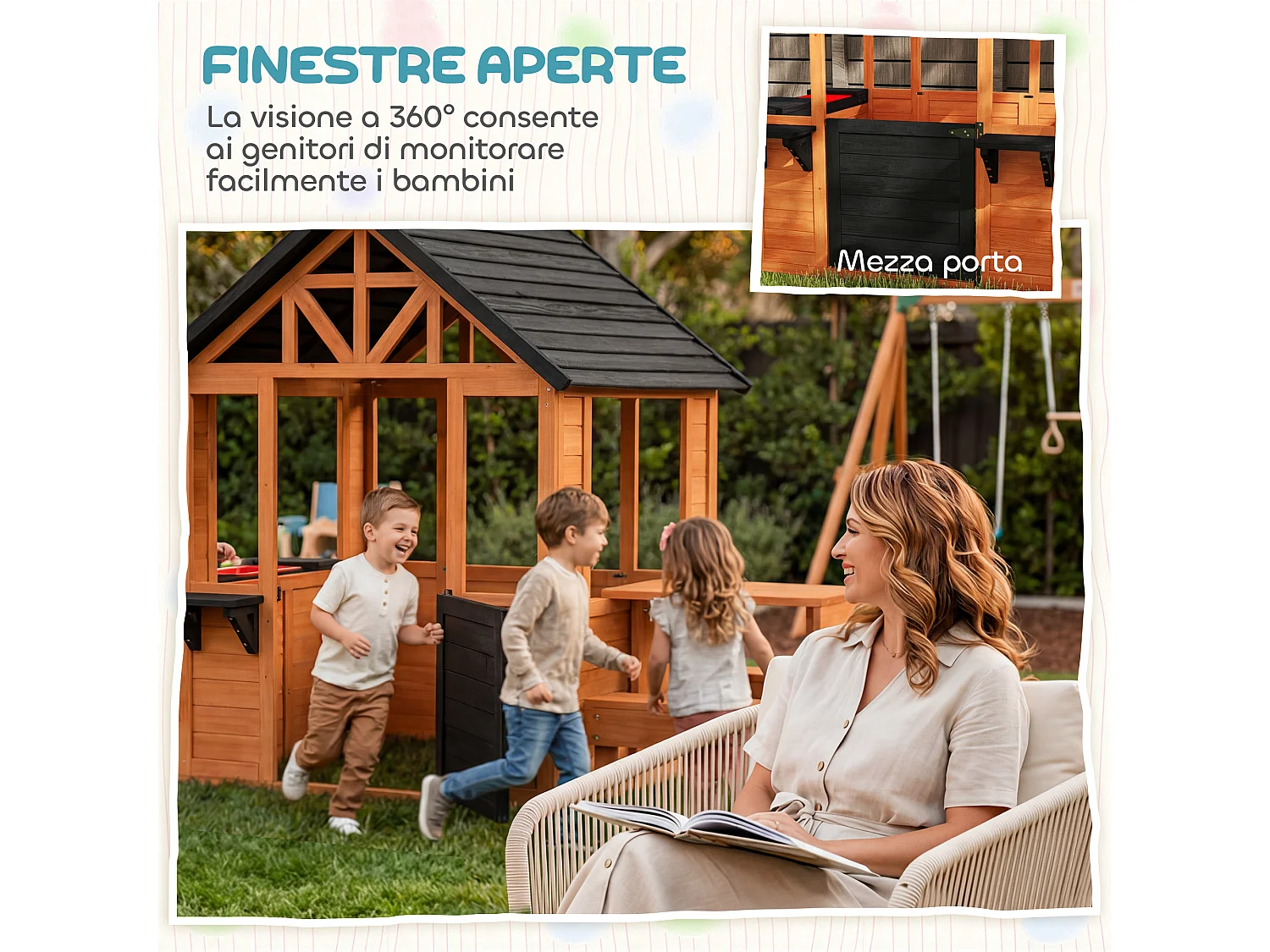 Casetta con tavolo e panche per bambini in legno