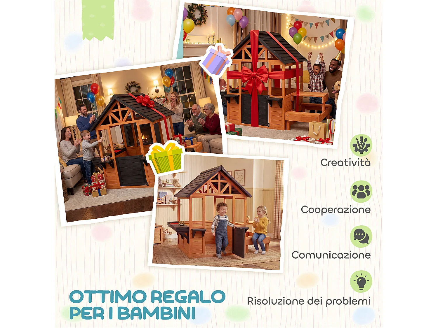 Casetta con tavolo e panche per bambini in legno