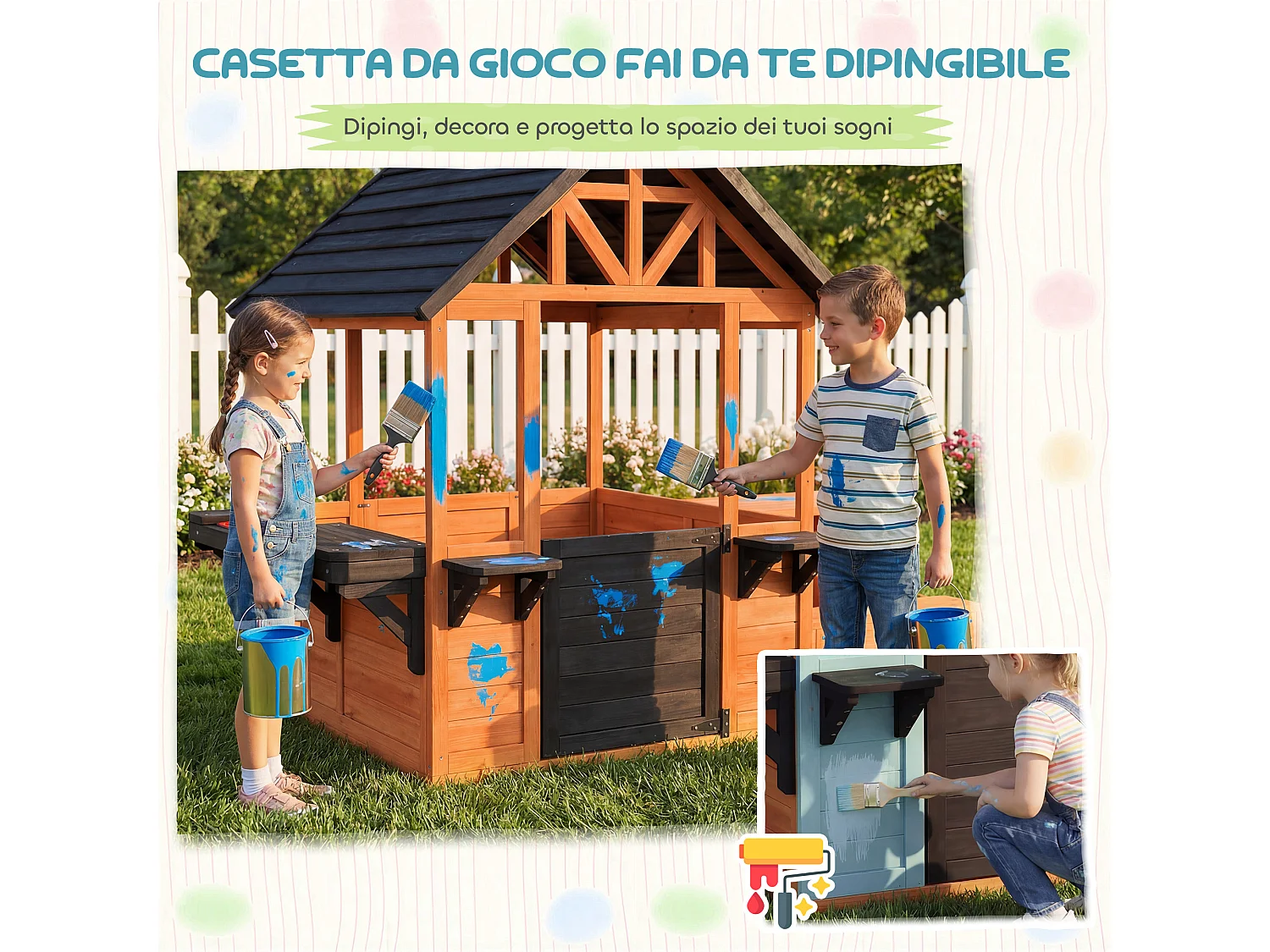 Casetta con tavolo e panche per bambini in legno