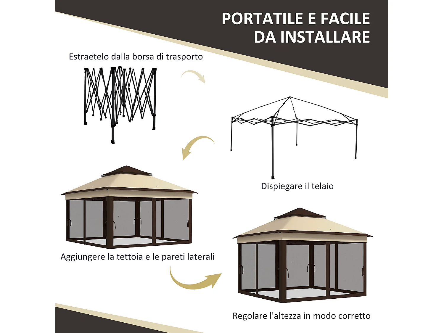 Gazebo 3x3 regolabile su 3 livelli con pareti rimovibili doppio tetto