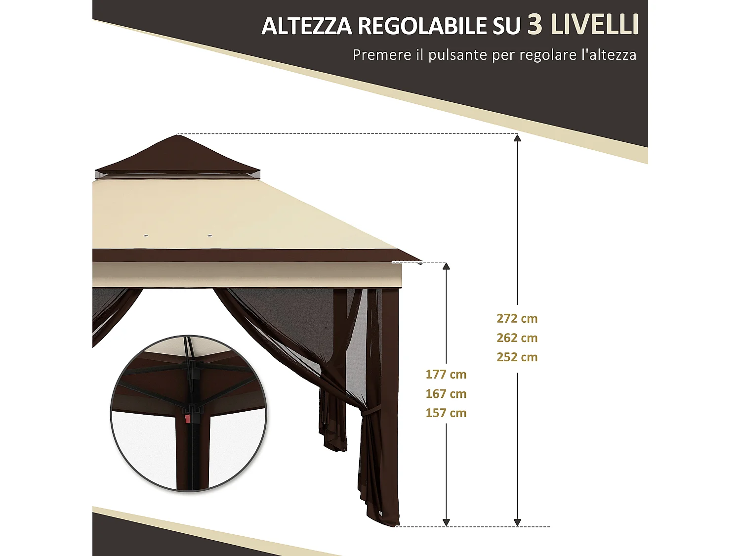 Gazebo 3x3 regolabile su 3 livelli con pareti rimovibili doppio tetto